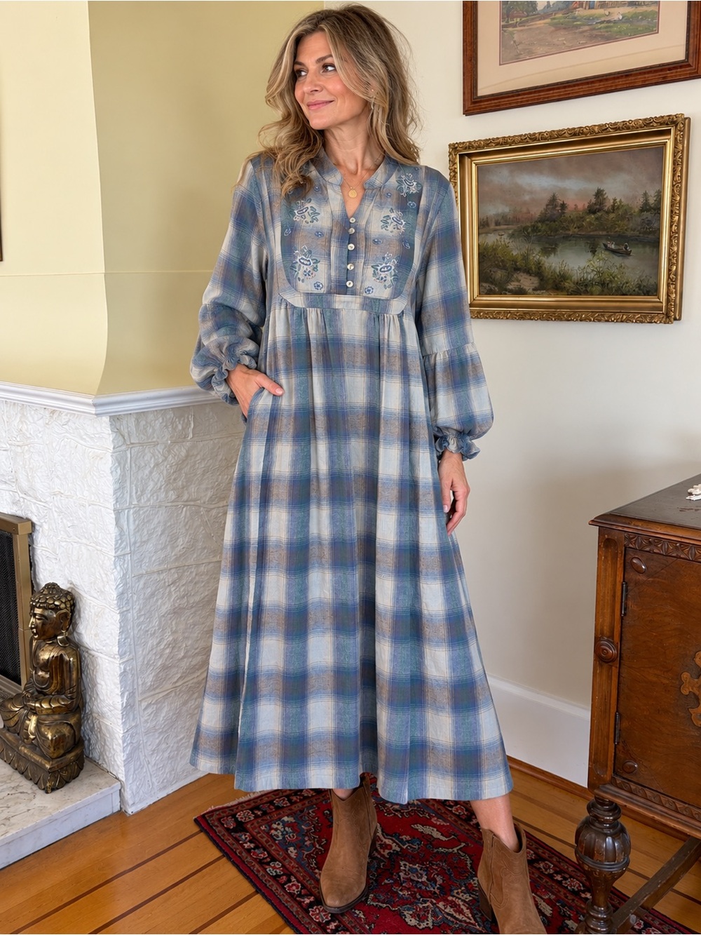 April Cornell Plaid 100% Cotton Embroidered Prairie Maxi Dress Blue Grey